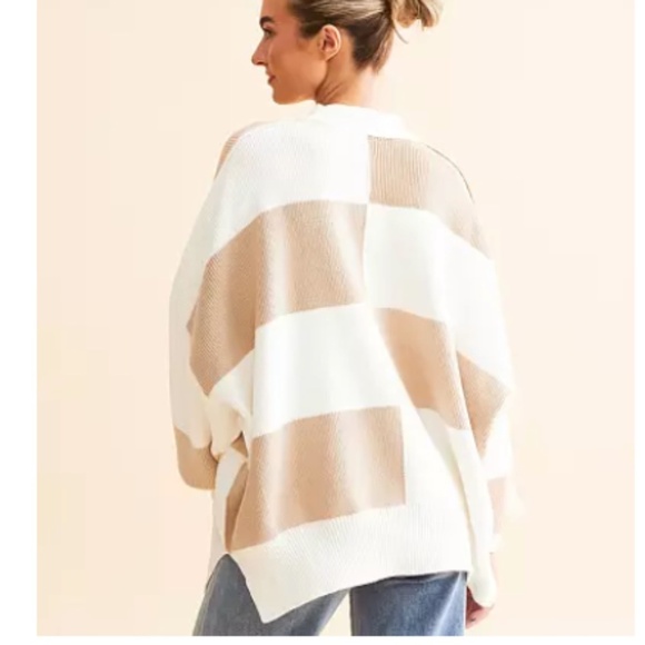 Free People Checker Easy Street Oversized Tunic Sweater White Sand Size M NWT - Picture 2 of 10
